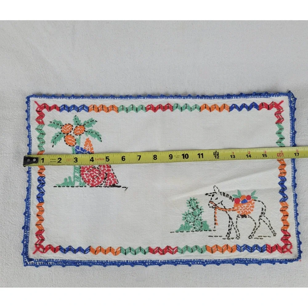 Vintage Mexican Hand Embroidered Table Linen Set 5pc Siesta‎ Donkey Folk Art